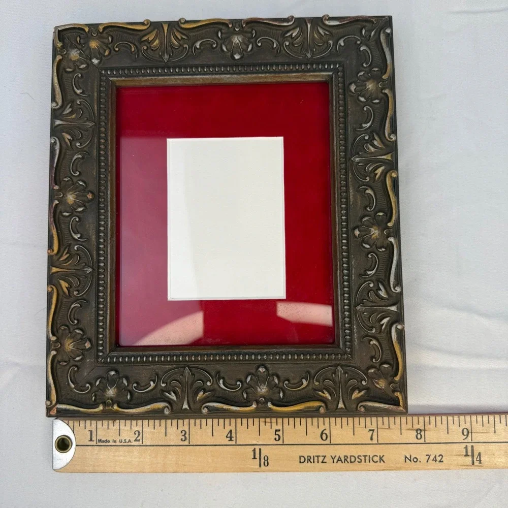 Vintage Ornate Baroque Bronze Gold Picture Frame Red Velvet Mat 8x9.25